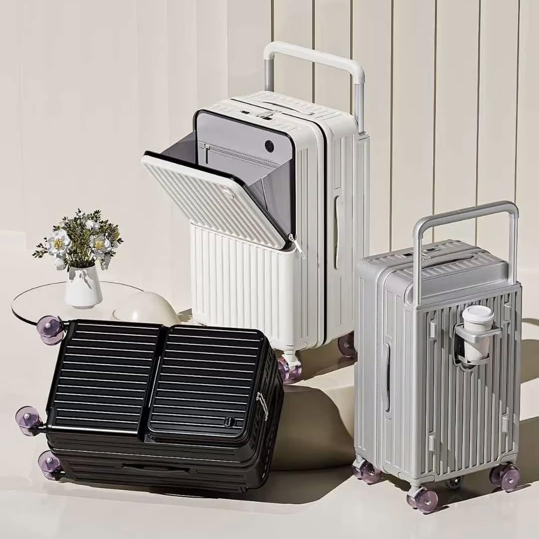 Maleta rígida con ruedas giratorias de 360°, puerto de carga USB y soporte para teléfono para viajes de negocios, equipaje duradero de apertura frontal de 20 pulgadas con asa ancha, Purple