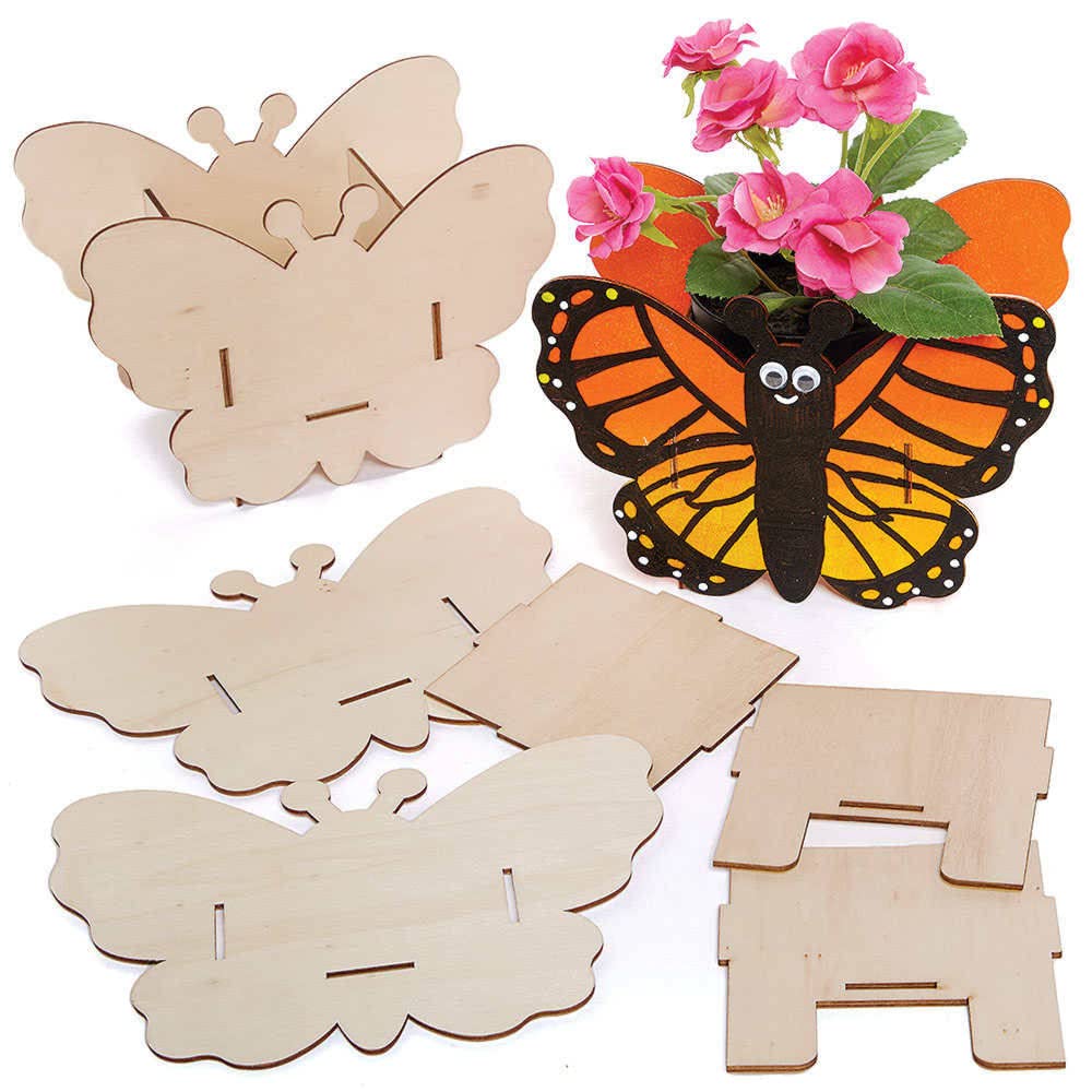 Baker Ross FC824 Butterfly Wooden Flowerpot Kits - Pack of 3, Craft Kits for Kids, Plant Pot Painting, Wood Crafts