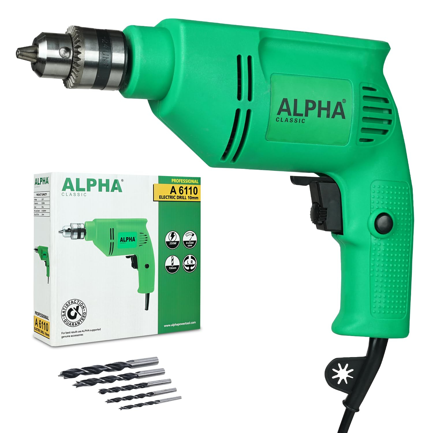 Alpha Corded Electric Drill Machine, 350W, 10mm Chuck, 4500 Rpm, Variable Speed, Forward/Reverse Rotation, With Lock-On & Wood Drill Bits, For Home & DIY Use for Metal & Wood, Wall | A-6110 | Green (B0D9S78CDZ) Amazon Price History, Amazon Price Tracker