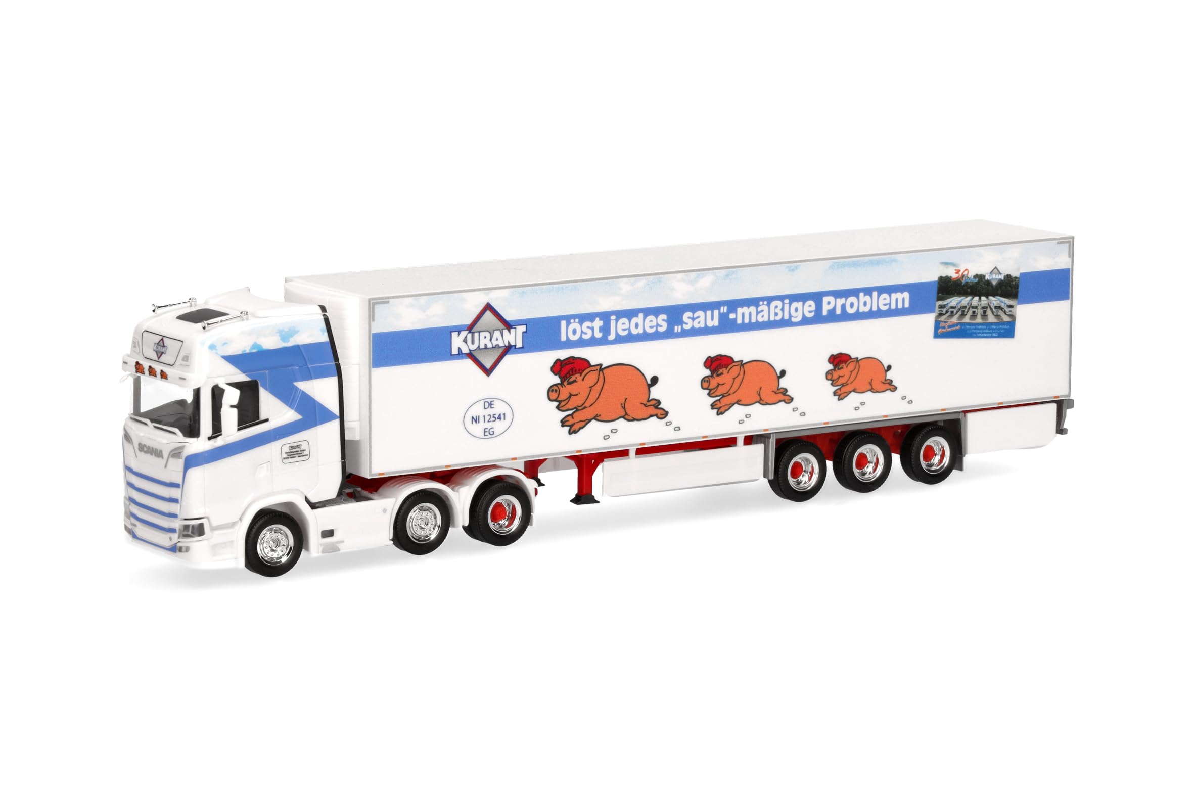 Herpa truck model Scania CS 20 HD refrigerated semitrailer "Kurant Meat", tractor with crane and rear support, miniature at 1:87 scale, collector's item, Made in Germany, plastic
