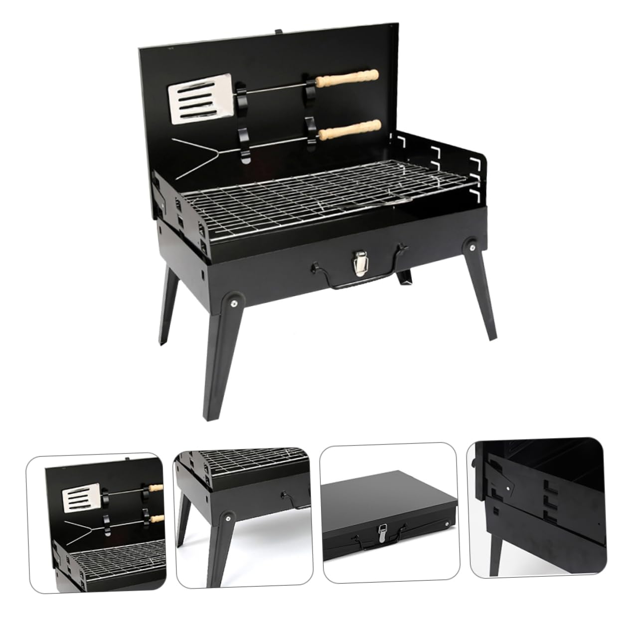 YARNOW Tragbarer Camping Grill aus Eisen mit Fein Polierten Kanten und Klappbarem Design Stabiler Grillherd für Außenbereich Inklusive 2 Praktischer Grillbesteck Zubehörteile
