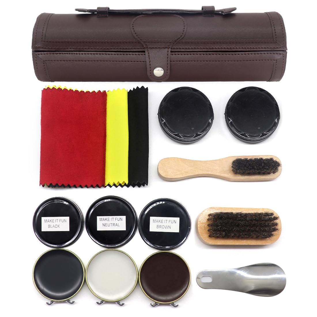Kit d'Entretien de Chaussures 12 Pièces - Cirage Pour Cuir Avec Cire Marron et Noire, Brosses de Polissage - Compact, Marron