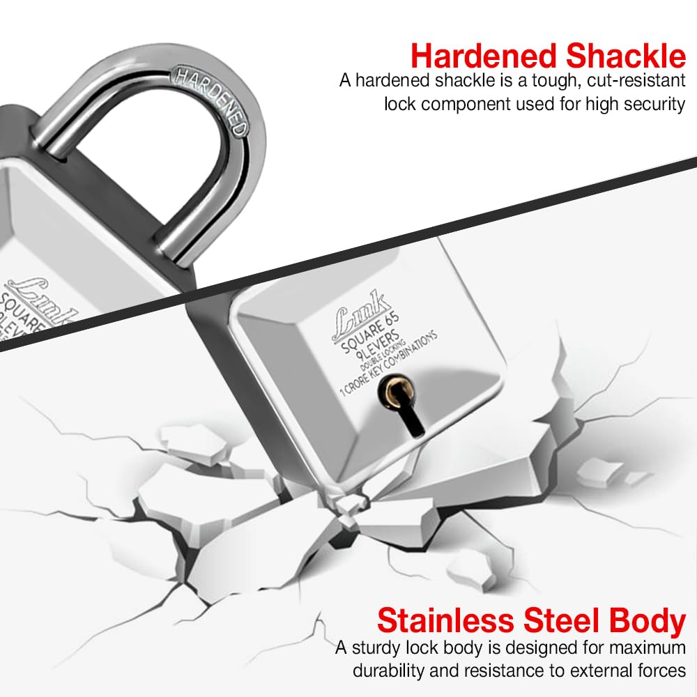 Link Square 65mm Diamond Cut Patented Design Padlock | 9 levers | Double Locking | 1 Cr Key Combinations | Hardened Shackle | Solid Steel Body with 3 Keys — Amazon image 2