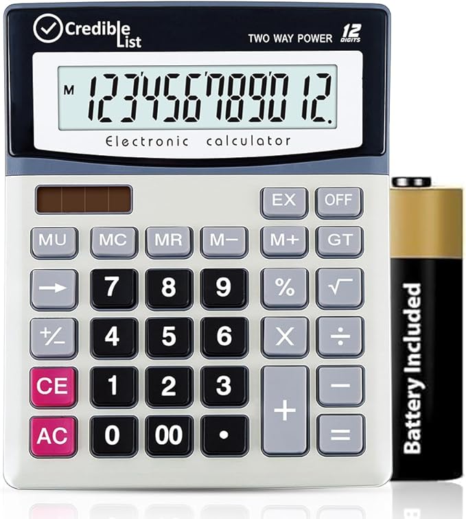 Credible List Desktop Calculator, 12-Digit Display, 30° Eye-Angled Screen, Large Silent Keys, Dual Power (2)