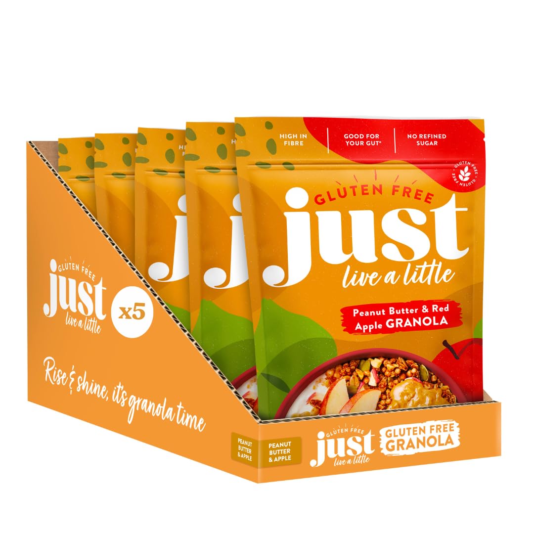 Just Live a Little Gluten Free Granola | 5 x 360g packs | Vegan | No Added Sugar (Crunchy Peanut Butter & Dried Red Apple)