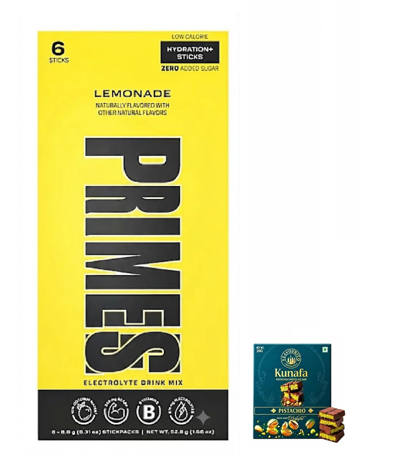 PRIMES Hydration+ Lemonade Electrolyte Drink Mix 6 Sticks Pack 52.8g With Free Flavourito Kunafa Pistachio Chocolate Bar, 20g By Decadent Foods (Imported USA)-image-47