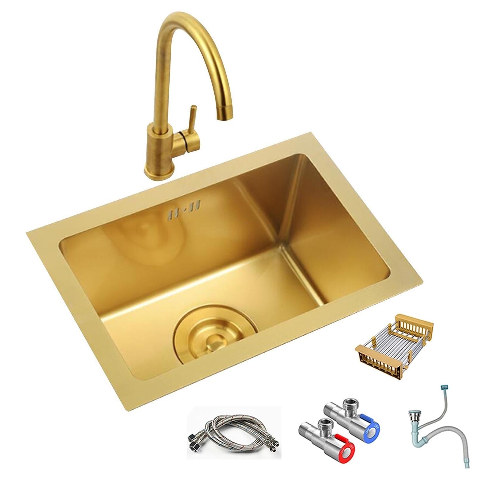 WIQUYBML Single Bowl Space-Saving Mini Sink Compact Kitchen Undermount Gold Stainless Steel Restaurant Studio Utility for Small Areas Faucet Combo(36 * 36cm)