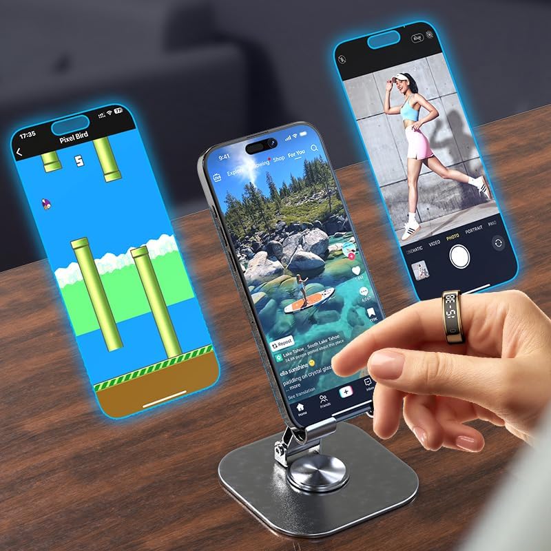 Person wearing OBA R15 Smart Ring using gesture control to interact with a smartphone.