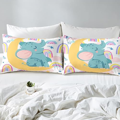 Miniatura 7 de Feelyou Juego de edredón con diseño de arco iris, juego de ropa de cama con estampado de elefante, lindo juego de edredón acolchado de animales para
