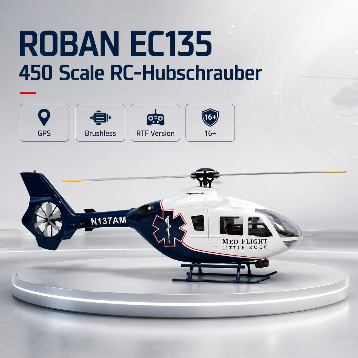 EC135 450 Scale RC Helikopter für Erwachsene, Professioneller 6CH Hubschrauber mit GPS Positionierung, Bürstenloser Motor & GFK-Rumpf, Realistisches 4-Blatt Rotorsystem RTF (Blau-Weiß)