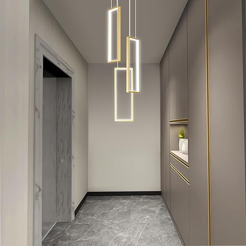 Miniatura 21 de Lámpara colgante moderna para isla de cocina, regulable, color negro, 54 W, luces colgantes LED, 4 anillos, candelabros rectangulares, escalera