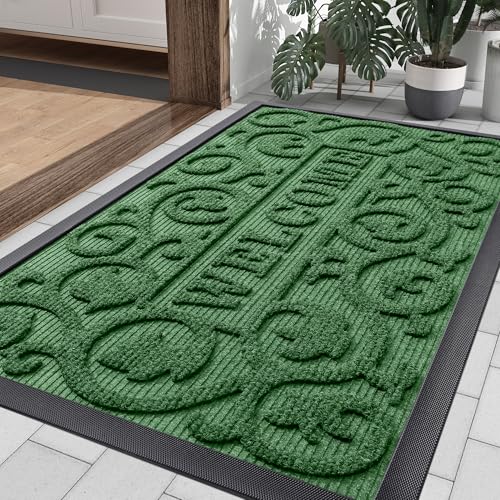 Image of Smiry Welcome Door Mat Outside Entrance, Heavy Duty Trap Dirt and Moisture Easy Clean Low Profile Patio Porch Indoor Outdoor Front Doormat for Entry, 35x23 Inch, Green
