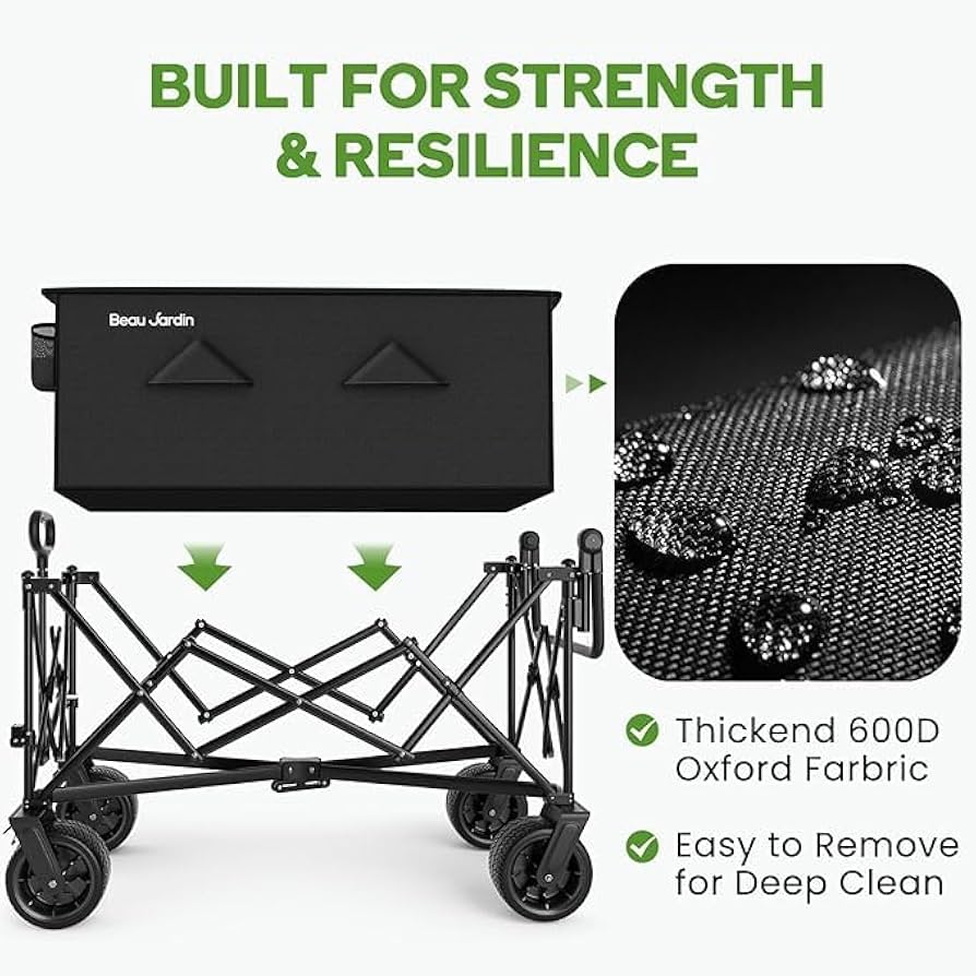 BEAU JARDIN Foldable All Terrain Beach Cart With 360° Wheels, Heavy Duty Utility Black Cart