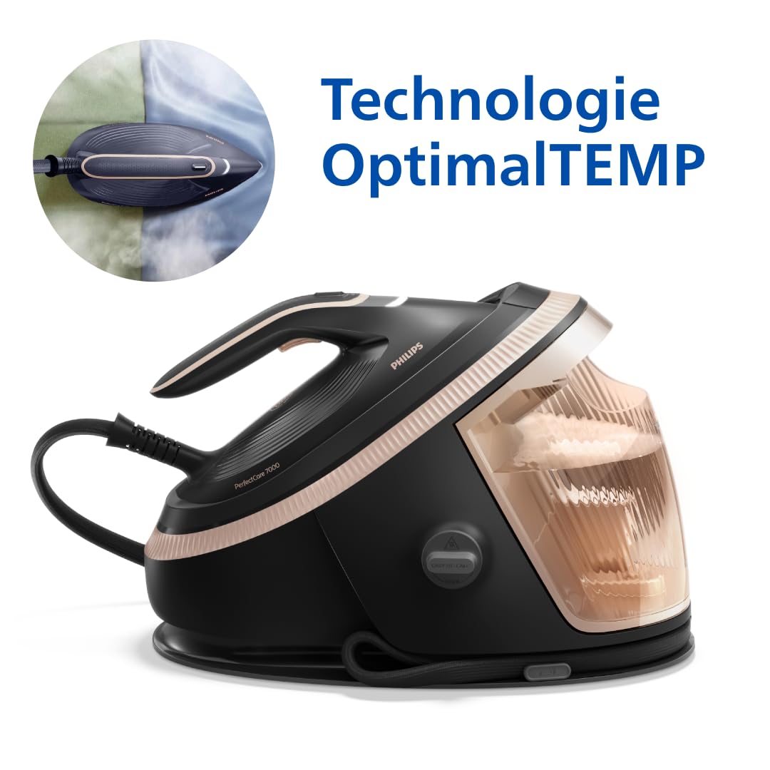 PHILIPS Centrale vapeur PerfectCare Série 7000-2850W, Pressing 650 g/min, 8.5 Bars, Technologie OptimalTEMP, Réservoir 1,5L, Semelle SteamGlide Elite, Vapeur Intelligente, Noir/Doré (PSG7300/80)