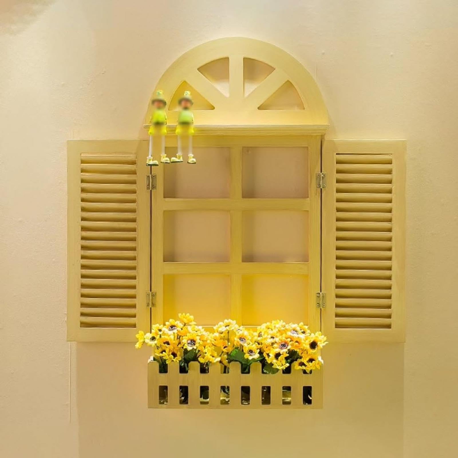 SUZEPER Rustikaler Fensterrahmen-Wanddekoration, Bauernhaus-Holzbogen-Fensterpaneel, hängende Wandpaneele für Wohnzimmer, Schlafzimmer, über dem Bett, Vintage-Landhaus-Dekor (klein, gelb)
