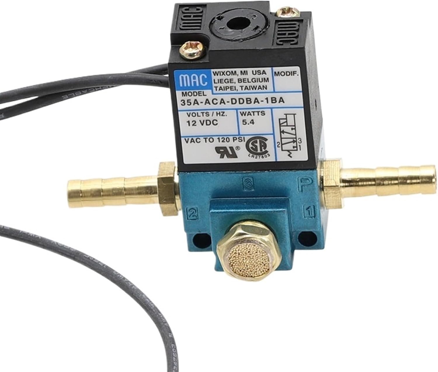 3 Port Electronic Boost Control Solenoid Valve DC12V 35A-ACA-DDBA-1BA With 6MM Tube Fittings Brass Silencer(BT4mm Tube,12V)