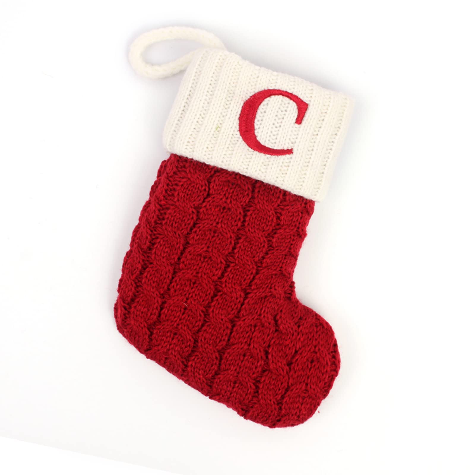 Cute Christmas Stocking with Letter Monogram - Mini Decorative Socks, Knitted Plush Gift Stocking for Family Holiday Party Decor (Red C, One Size)
