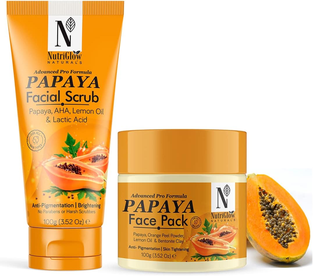 Nutriglow Natural’s Papaya Facial Scrub (100Gm) & Papaya Face Pack (100Gm) for Men & Women Nutriglow Natural’s Papaya Facial Scrub (100Gm) & Papaya Face Pack (100Gm) for Men & Women