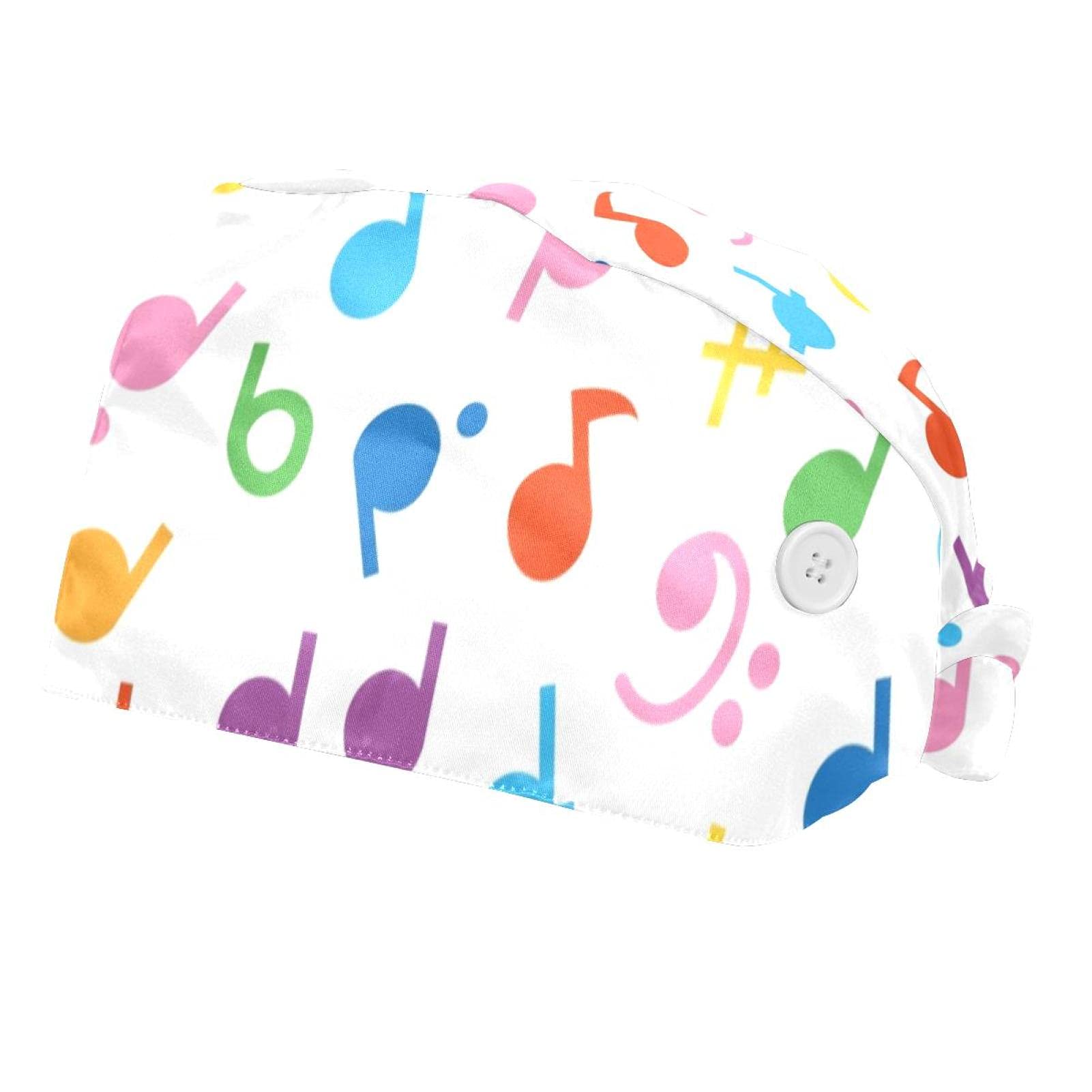 HonYea Color Music Symbol Adjustable Working Caps 2 Pack Bouffant Hats with Buttons Women Men one Size