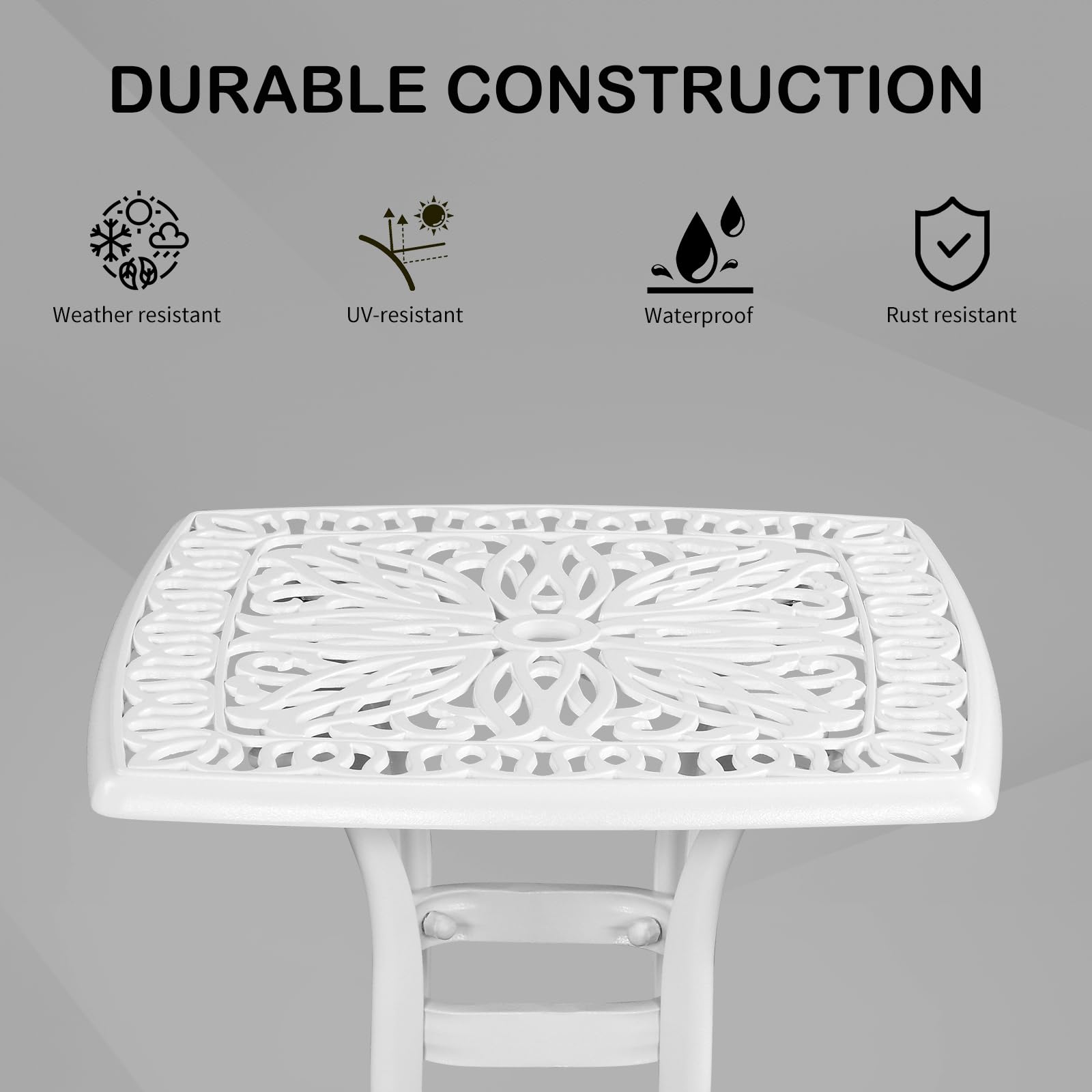 VINGLI 21” Cast Aluminum Outdoor Side Table with 1.6” Umbrella Hole, All Weather Square Patio Coffee Table Bistro Table End Table for Yard Porch Poolside(White)…