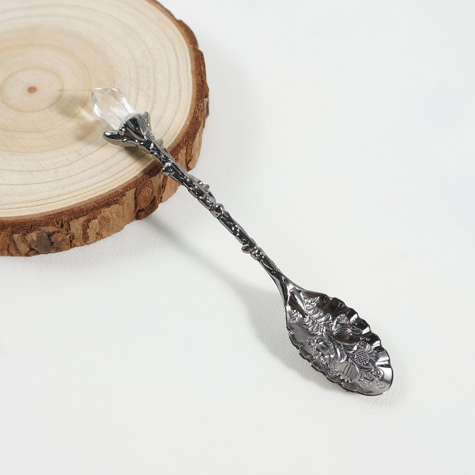Soulnioi Vintage Carved Crystal Spoons Retro Decorative Coffee Stirring Spoons Dessert Spoons Ice Cream Spoon with White Crystal Head for Cafe Office Tableware -Dark Silver - Image 2