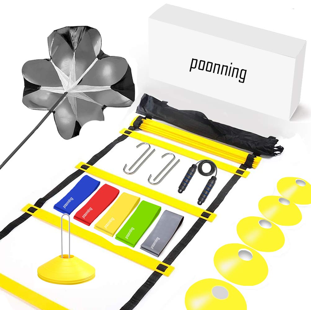 Speed Agility Training Set– Increase Speed Fitness with 20 ft/12 Rung Agility Ladder, 10 Cones, 5 Latex-Free Resistance Bands, Carry Bag, Speed Jump Rope and Footwork Drills Equipment