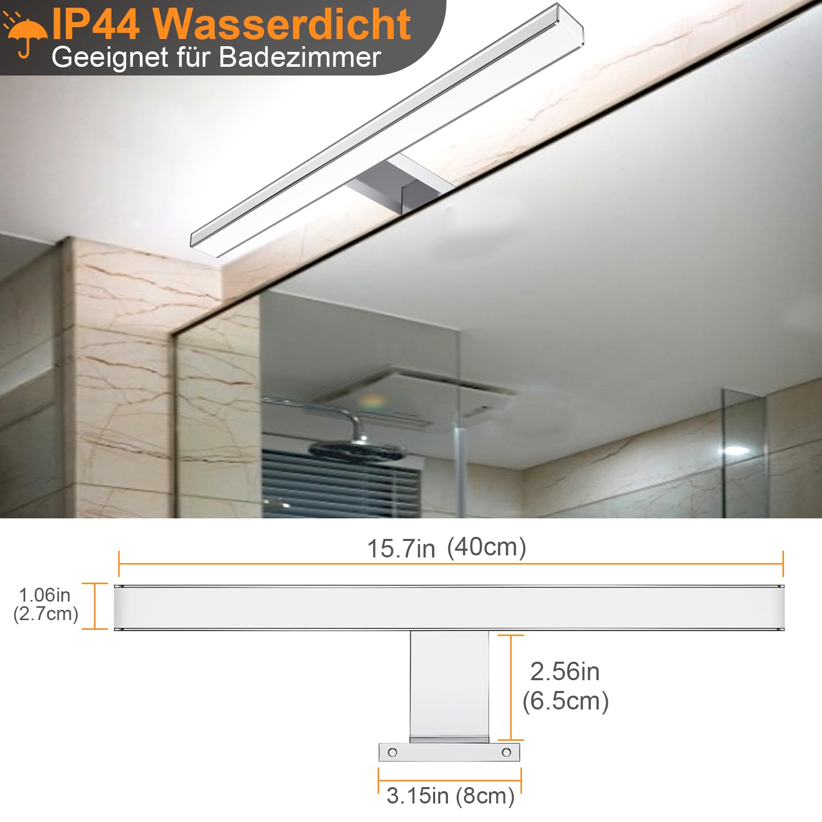 Karrong Spiegelleuchte Bad 40CM mit Schalter Fernbedienung, Dimmbar 3000K Warmweiß 4000K Naturweiß 6000K Kaltweiß IP44 Wasserdicht LED Spiegellampe für Badzimmer Aluminium 1200LM, 12W AC100-265V, Weiß