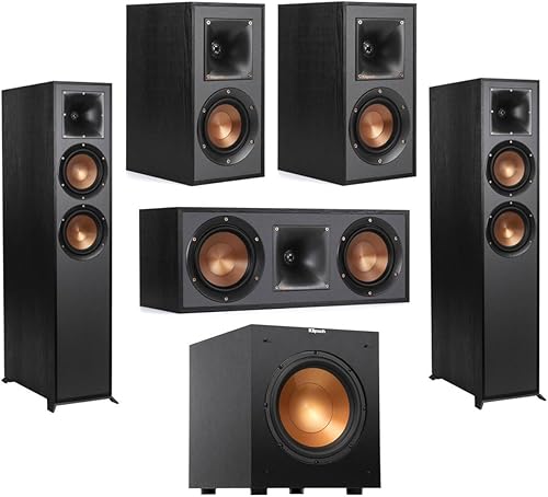 Klipsch Reference R-625FA 5.1 Paquete de cine en casa, negro, par, paquete con 2 altavoces R-41M para estantería, altavoz central R-52C, subwoofer