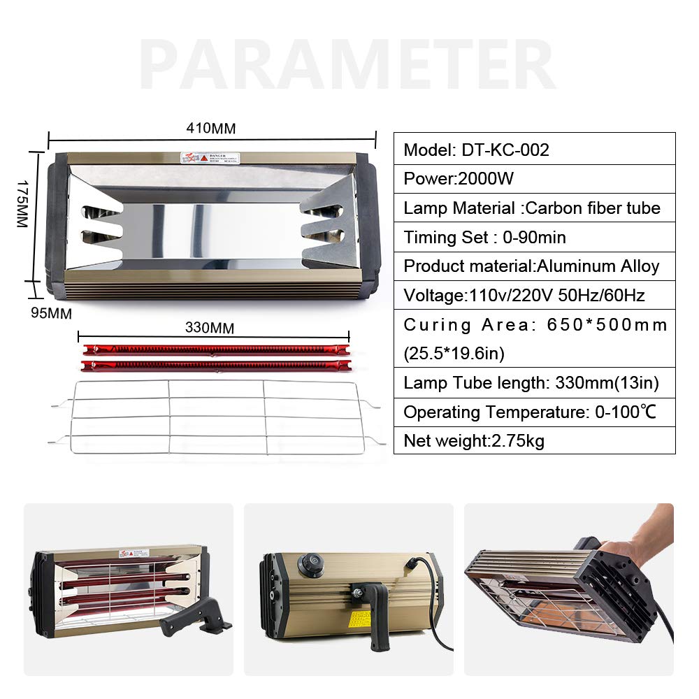 DATOUBOSS 2000W Sécheur Infrarouge Lampe Infrarouge Carrosserie Peinture Lampe Infrarouge Chauffante Carrosserie (2000W, 0–100 °C, Surface Sèche 650 x 500 mm, Minuterie 1–90 Min)