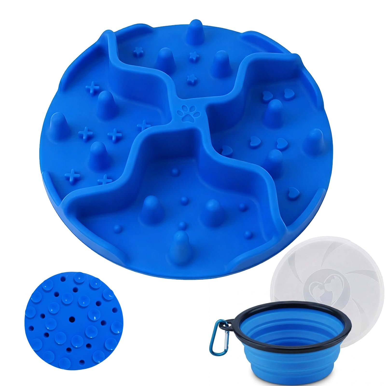 Dog Slow Feeder Insert and Collapsible Travel Bowl Set, Silicone Slow Feeder for Dog Bowls to Prevent Bloat, Portable Pet Feeding Kit with Lid & Carabiner for Hiking Camping