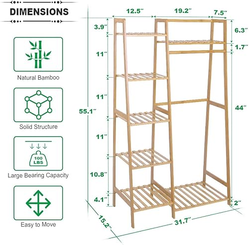 Vista 11 de Ufine - Armazón de bambú con estantes de almacenamiento y barra para colgar ropa