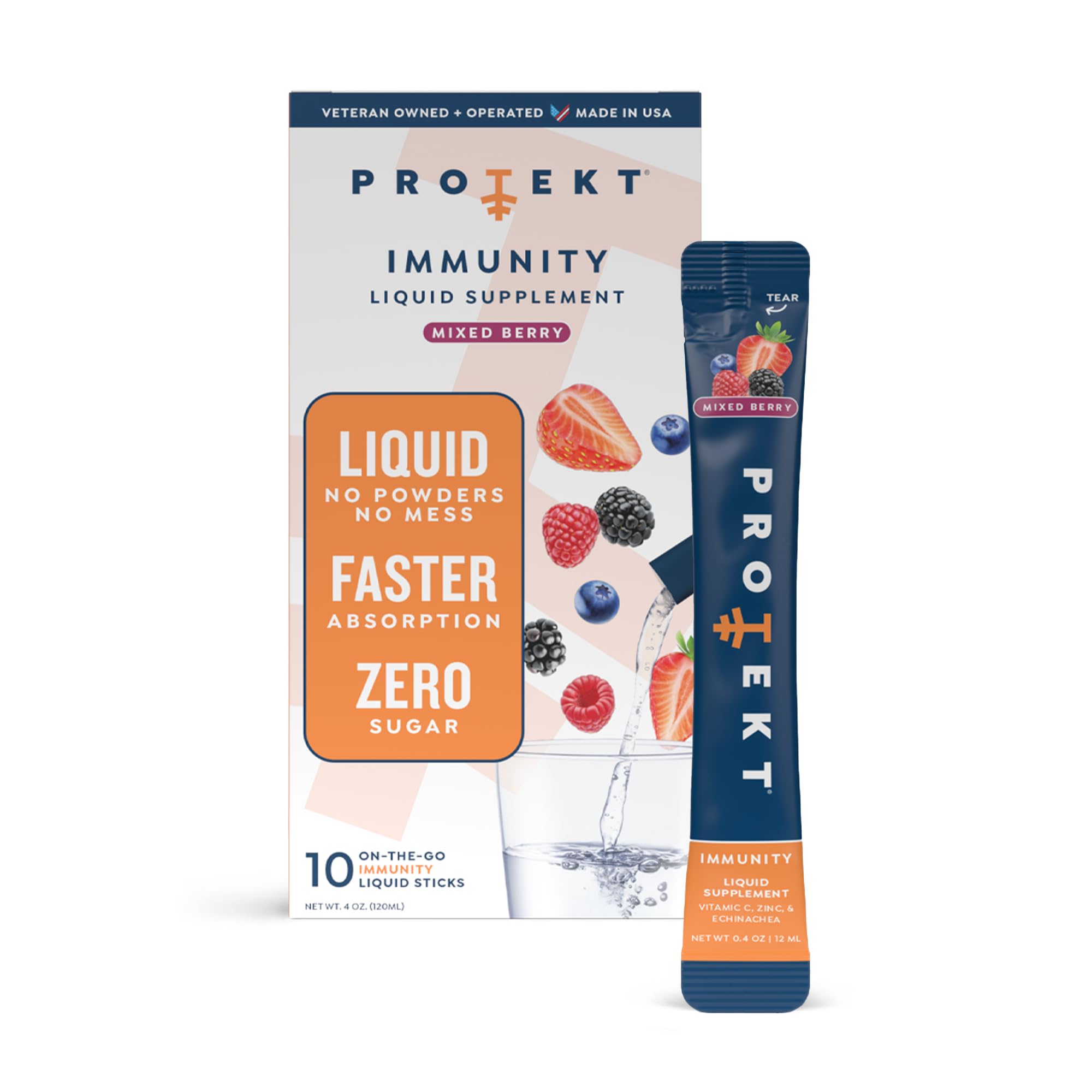 PROTEKT Liquid Immune Support Supplement - Liquid Drink Mix, Immunity Supplement, Immune Boosters for Adults, Sugar-Free with Vitamin C and Zinc Immunity Support - Mixed Berry 10ct