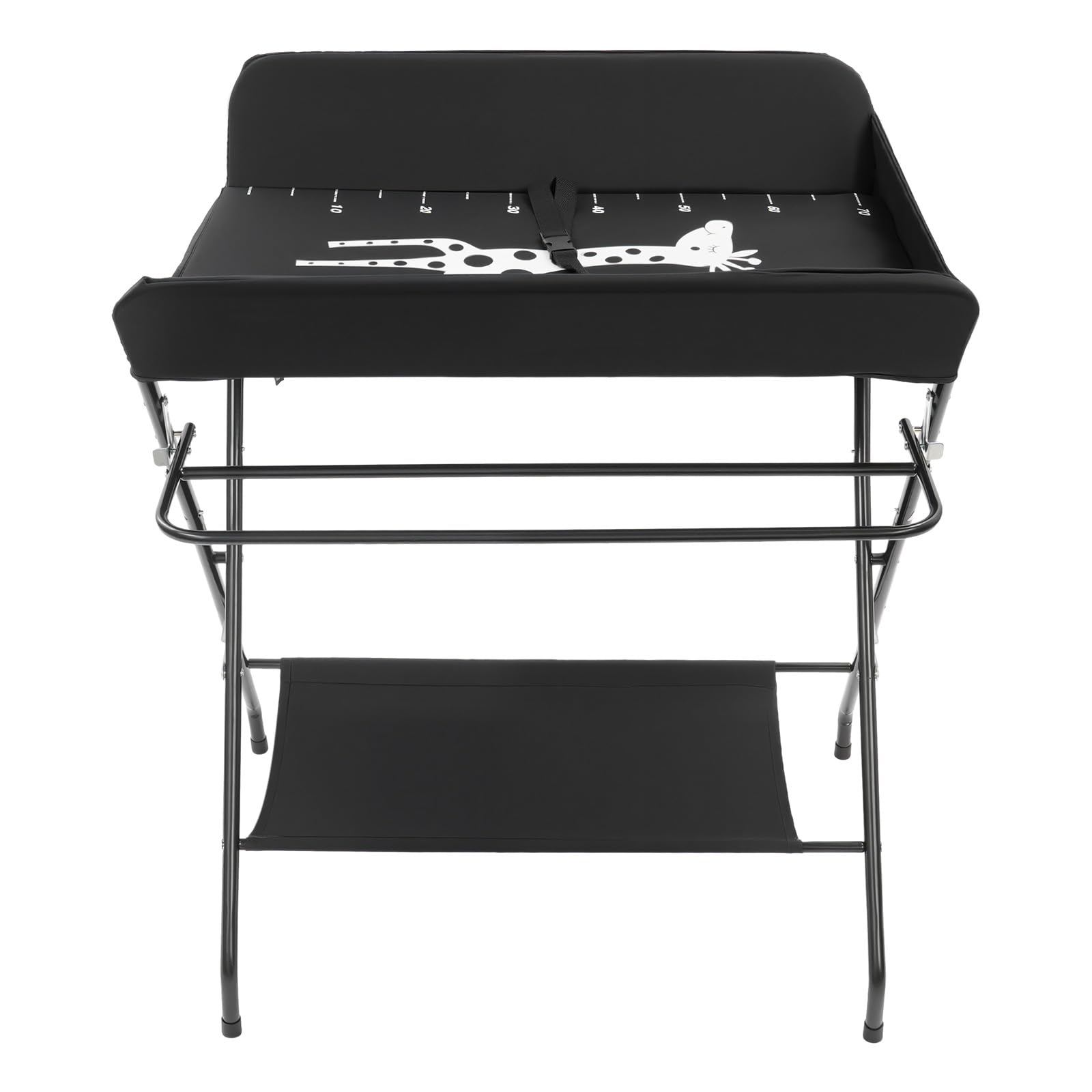 Cambiador de bebé plegable – Cambiador portátil con cinturón de seguridad, mesa cambiadora para ahorrar espacio (80 x 63 cm), altura regulable, carga de 15 kg, incluye cesta (negro)