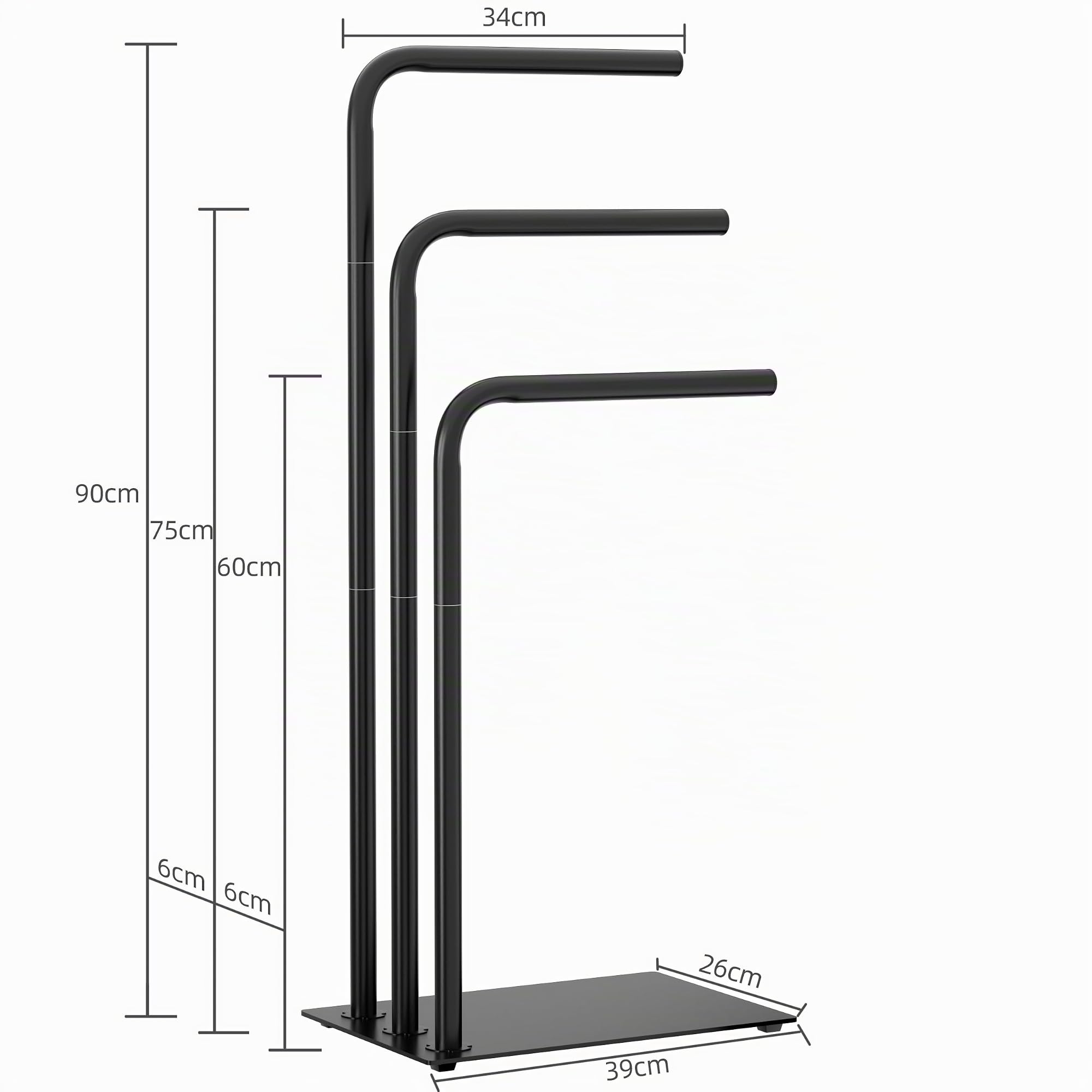 OUTBROS Toallero, Toallero de pie, Soporte de Metal de 3 Niveles para Baño, Secado y Exhibición con Estante, Soporte para paños para Sala de Estar, 39x26x90cm, Negro | Toallero de metal de acero inoxidable para baño con placa base de metal, soporte de sec
