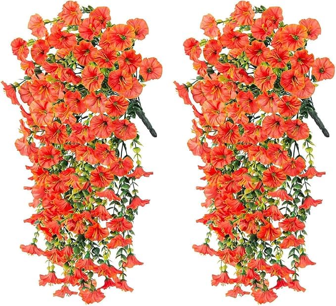 HUANYO Vibrant Artificial Hanging Petunias 4 Pack Silk Flowers for Outdoor Decoration, Waterproof Garden Plants for Balcony, Porch, Yard - Easy to Hang, No Maintenance (Orange)
