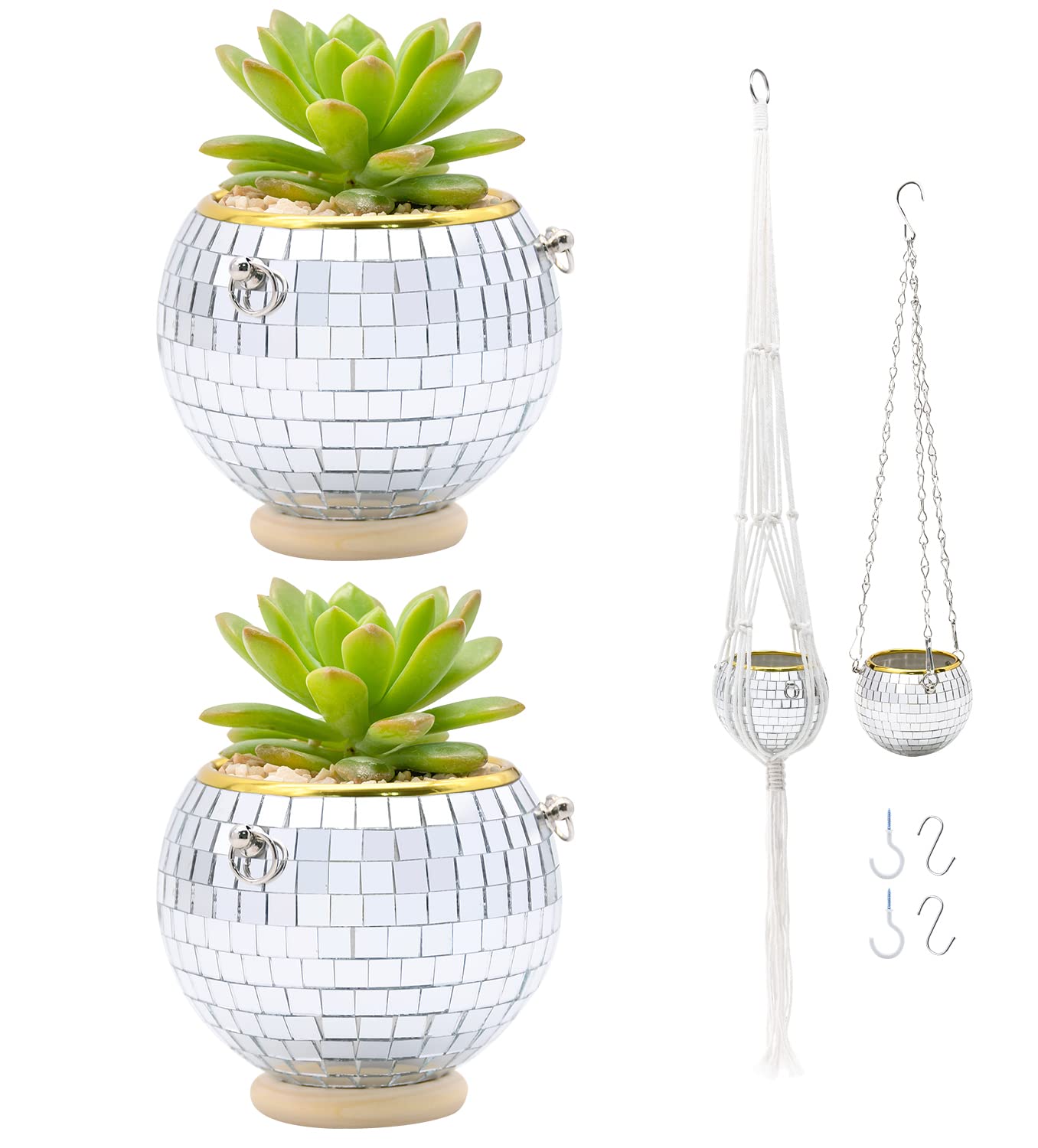 Disco Ball Planter, 2pcs 4" Silver Disco Ball Planter, Disco Ball Plant Hanger with Hanging Rope, Hanging Chain, Hook, Circle and Extra Mirror Pieces (4" Silver, 2pcs)