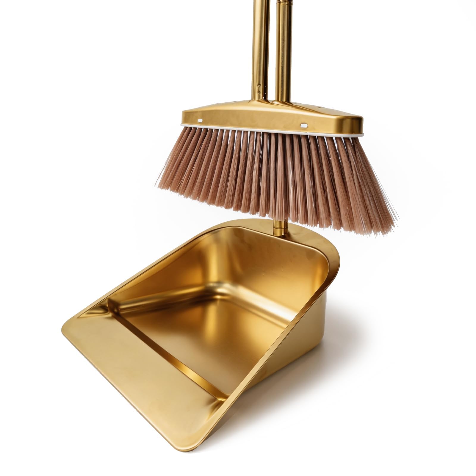 Photo 1 of ** USED** Gold Broom and Dustpan Set, Minimalist Upright Sweeper with Long Handle, Heavy Duty Stainless Steel Metal Dust Pan Combo for Home, Kitchen, Office and Indoor Outdoor Use (Gold Basic)