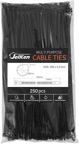 250 Pack Black Cable Ties, 300mm x 4.8mm, 12" Nylon Tie Wraps, Self-Locking Heavy Duty Zip Ties for Home Office and Garden