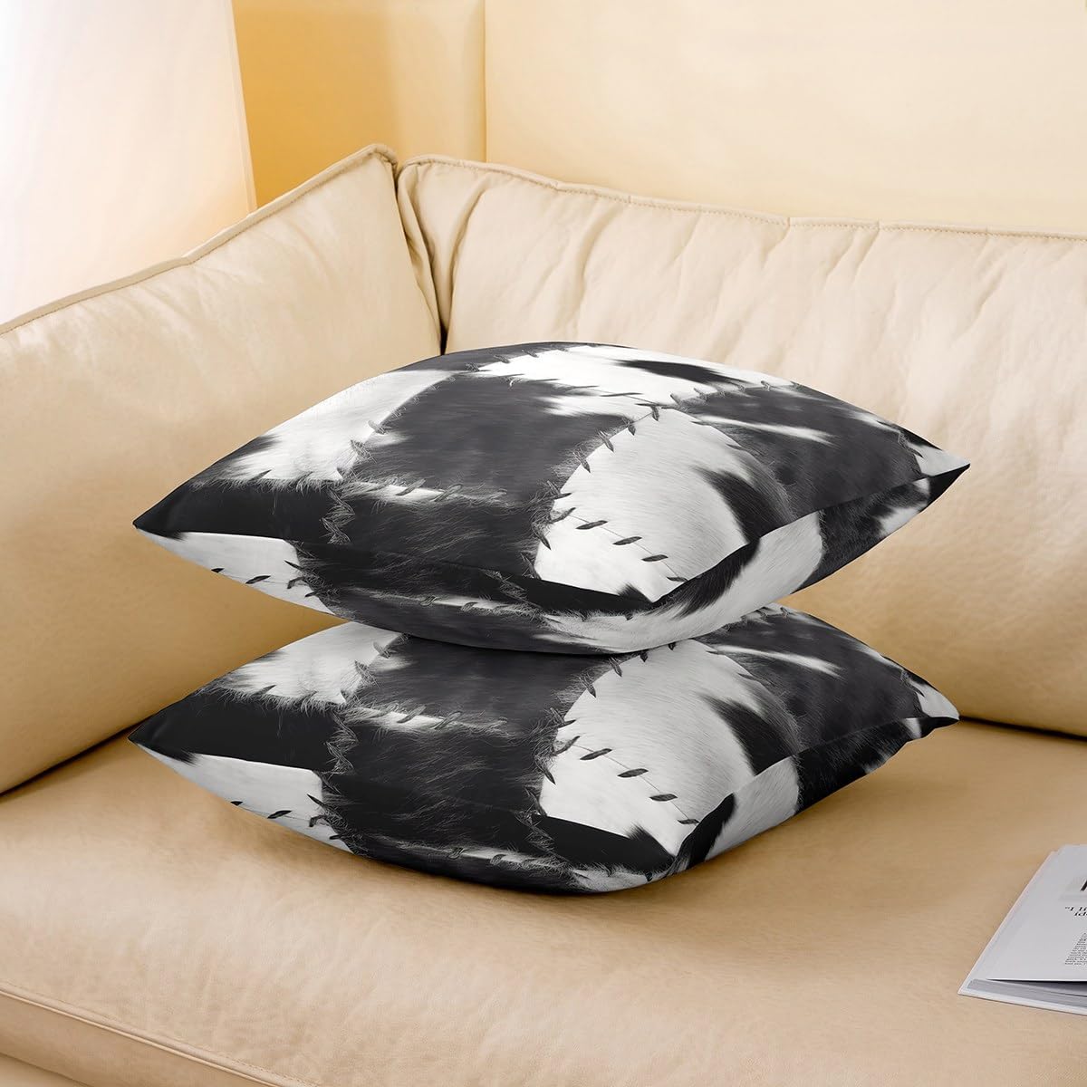 (Not Real) Cowhide Throw Pillow Cover 24x24, Patchwork Cow Fur Print Decorative Square Pillow Case for Home Bed Sofa Couch, Farm Animal Pillow Cover, Western Cowboy Farmhouse Cushion Cover, Grey White