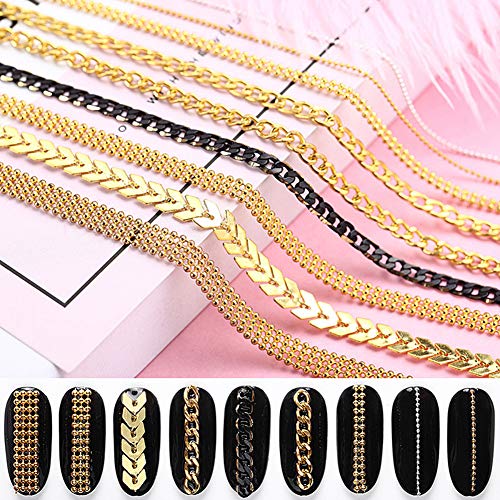 Nails Supply 3D Nail Art Chains Metal Nail Charms Gold Nail Art Decoration 9 Strips 20cm Nail Accessories Glitter Punk Studs Beads Nail Design Manicure Tips Supplies for Fingernails & Toenails Decor