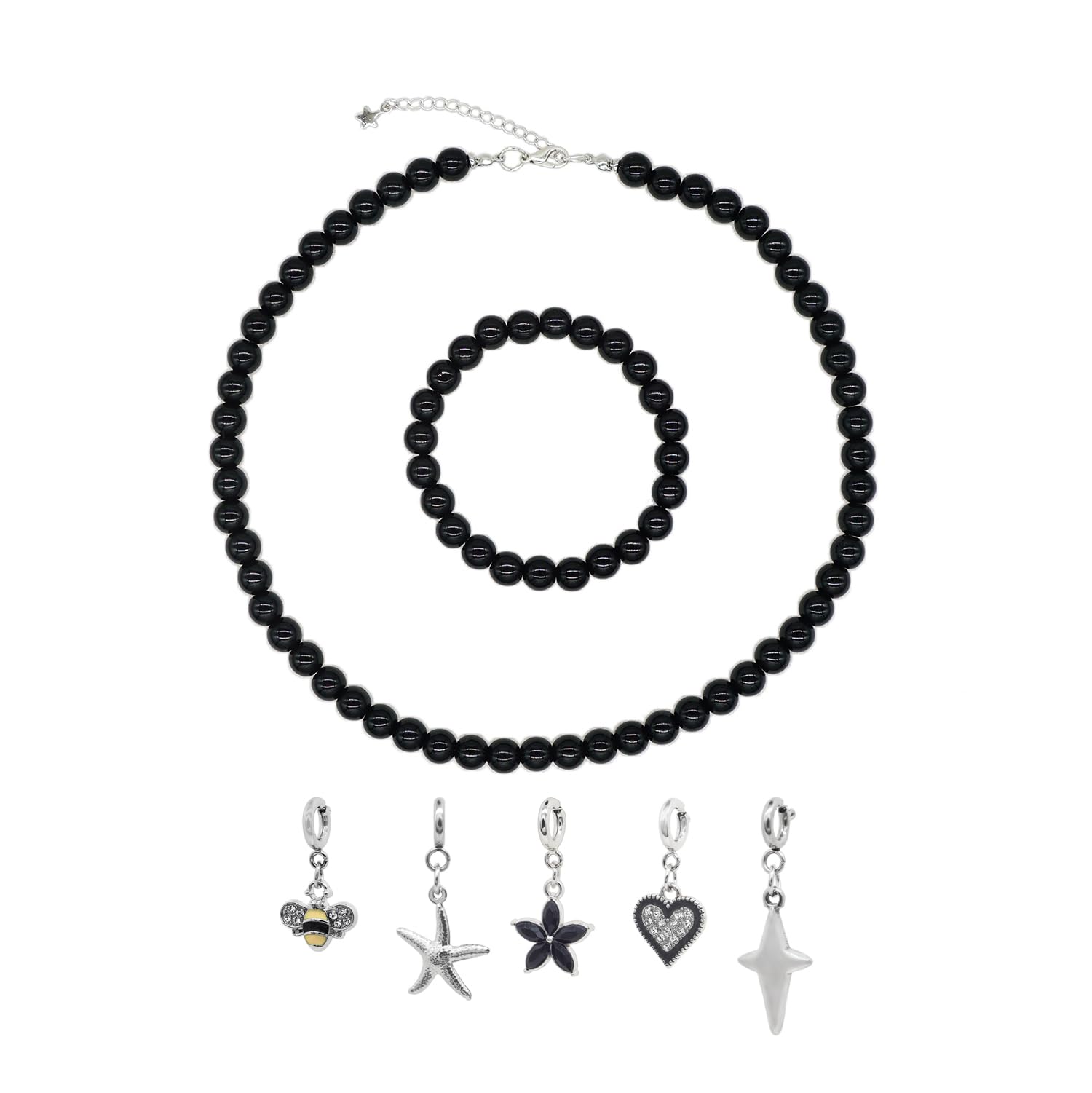 JSEA8mm Faux Pearl Necklace Elastic Bracelet Jewelry Set Beige White Pink Fake Pearl Jewelry