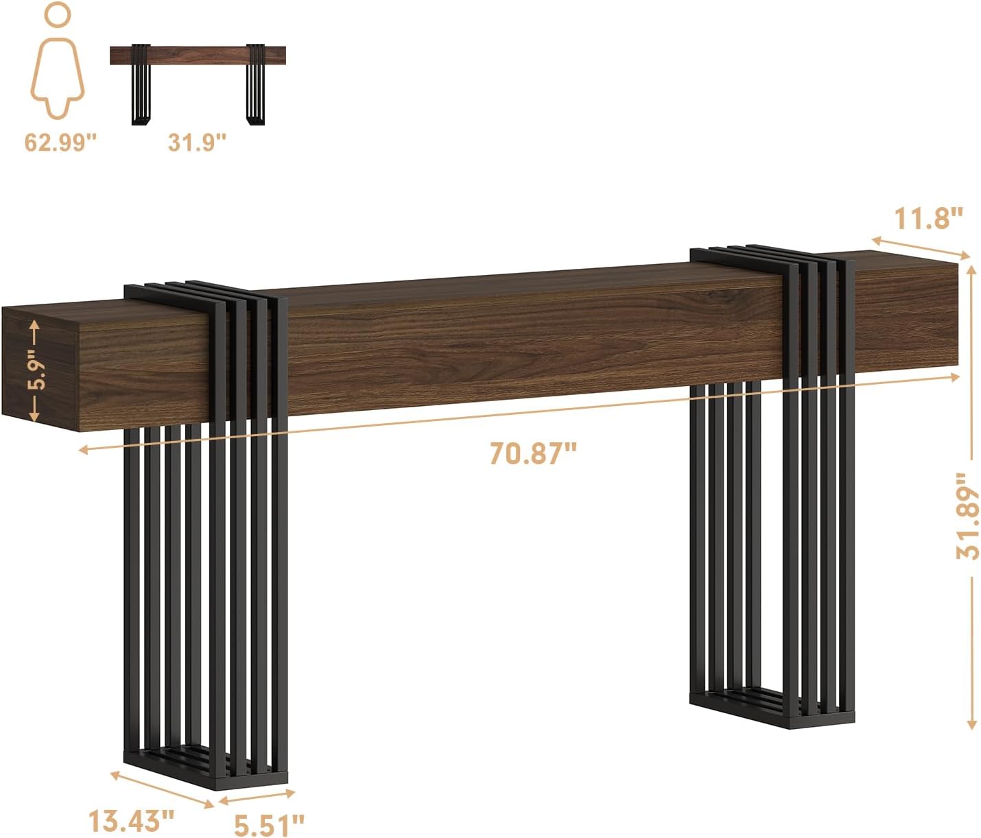 knoworld 71 Inch Long Console Table, Extra Thick Industrial Sofa Table Behind The Couch Rectangular Entryway Table for Entrance Hallway Living Room, Entire top Board & 4-Pipe Legs, Walnut