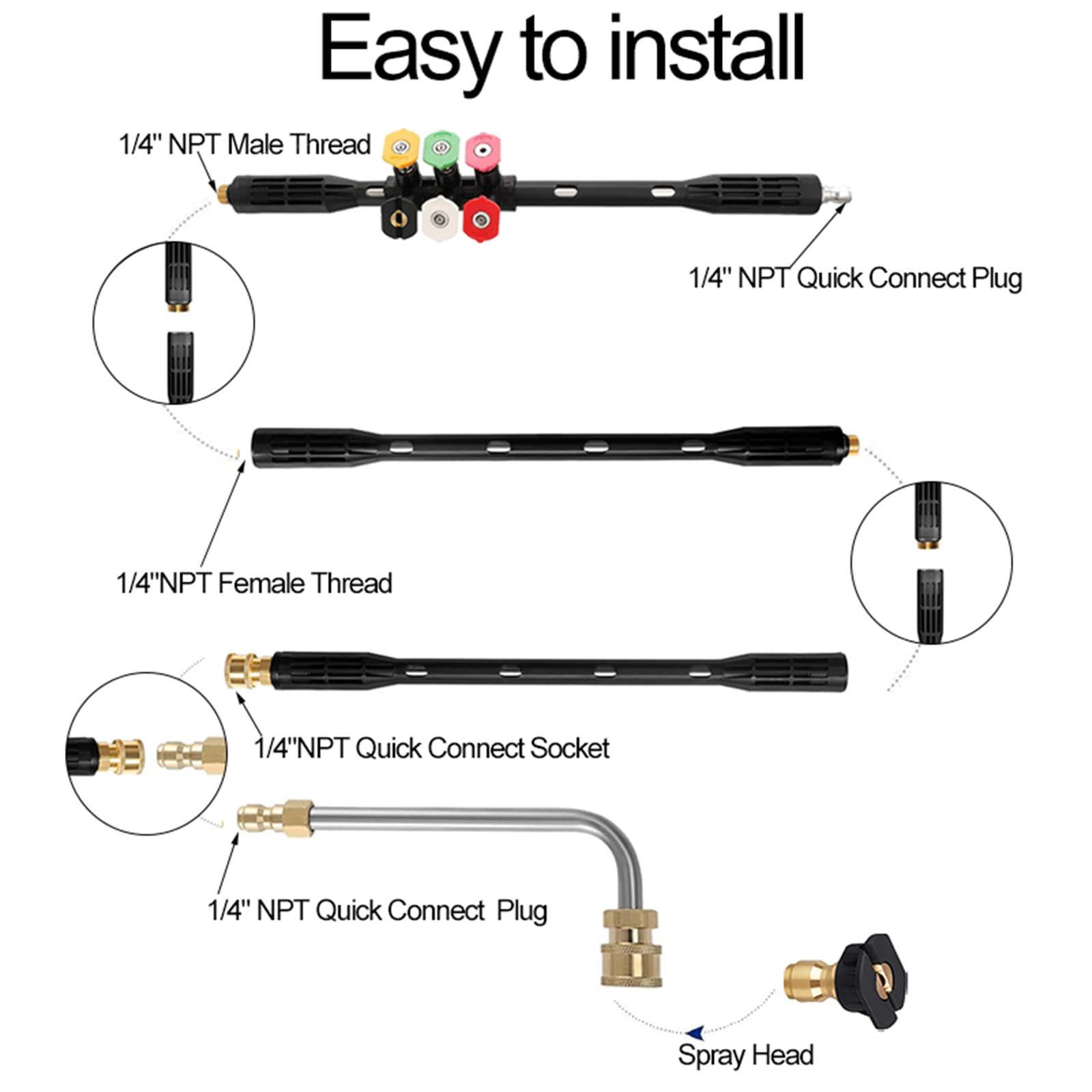 10 bacchette di estensione per idropulitrice con adattatore compatibile con Karcher K Series K2 K3 K4 K5 K6 K7, 4000 PSI strumenti di pulizia della grondaia, lancia di estensione da 1/4 di pollice a