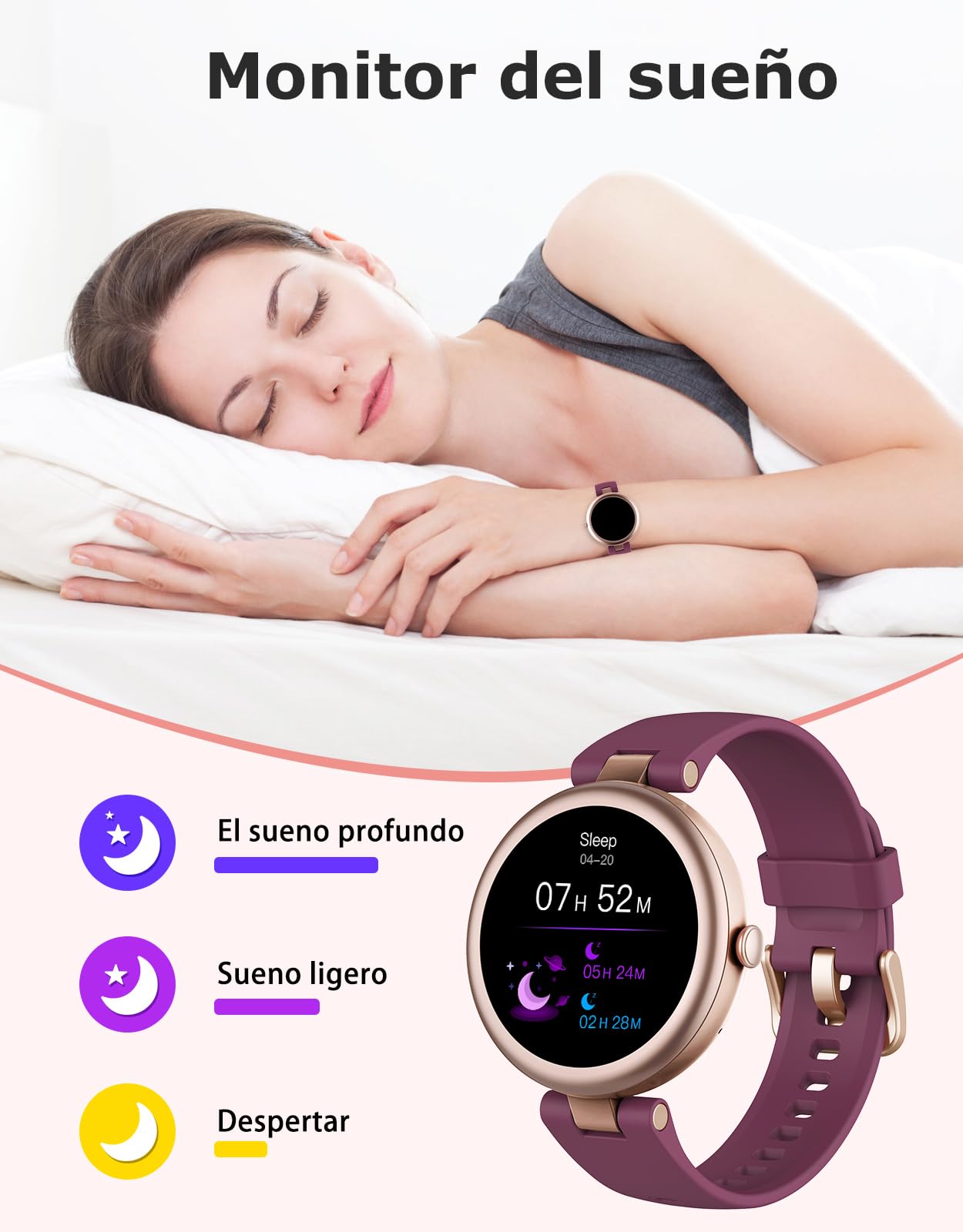 Reloj Inteligente Mujer con Llamadas Bluetooth 5.3, Pantalla AMOLED 1.09" Redondo y Pequeño, 5ATM Impermeable, Whatsapp Notifications, Pulsómetro, SpO2, 100+ Deportes, Android/iOS, Morado