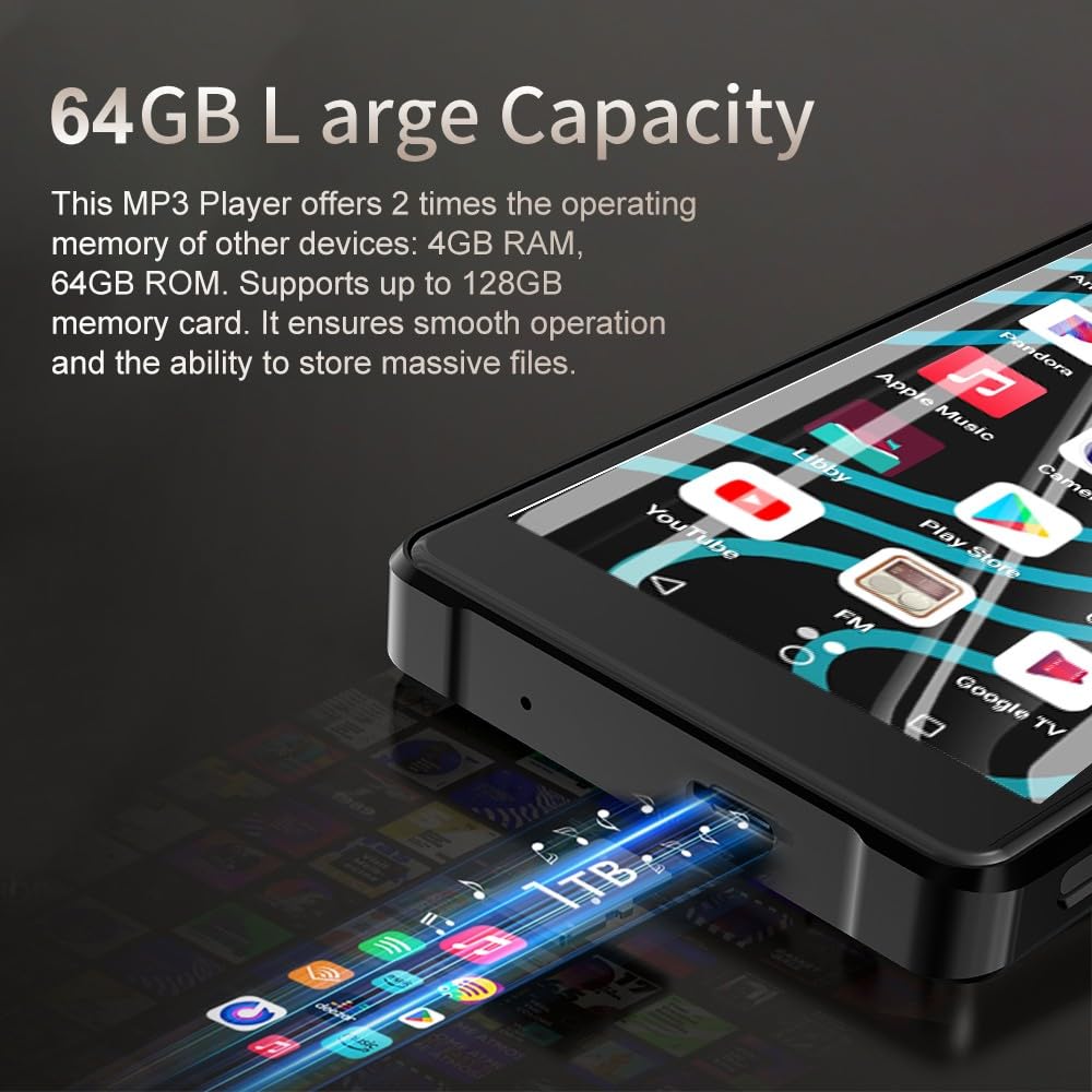 lettori MP3 di 64GB con il touch screen a 5 pollici, BTV 5,0 lettore MP3 per Android 13, musica portatile