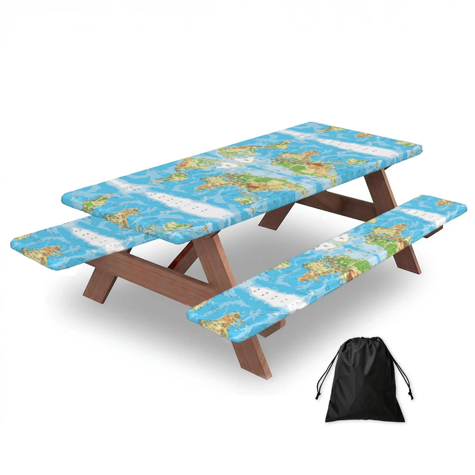 Zyjhyy Black World Map Print 3 Pack Wipeable Picnic Bench Cover And Table Cover Lightweight Table Cloth For Camping Outdoor