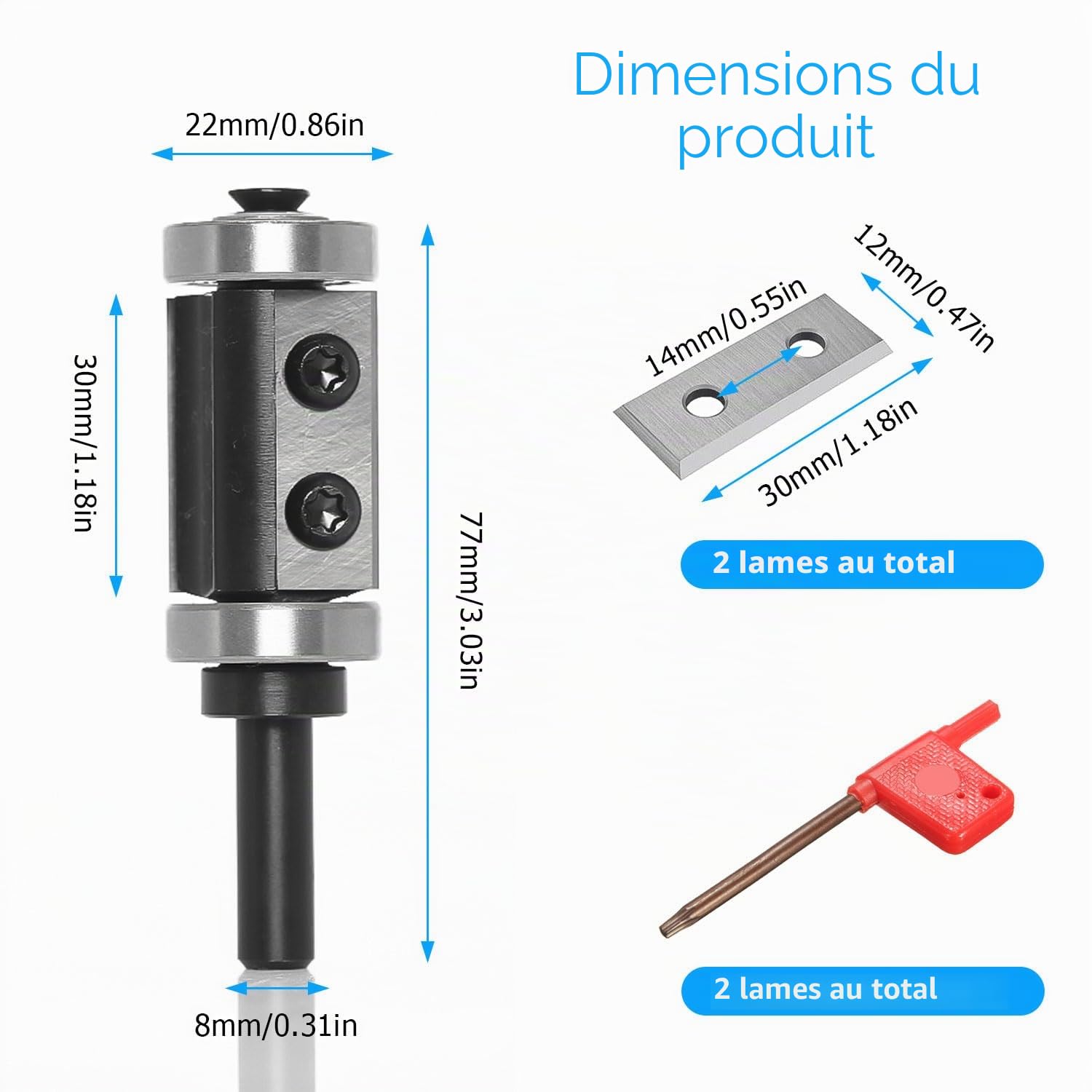 Fraise Defonceuse 8mm, Fraise Affleurante à Plaquettes Réversibles, Fraise a Copier avec Roulement à Billes, avec 2 Fraise à Lamer Remplaçables, Outil de Fraisage pour l'éboutage du Bois (1)