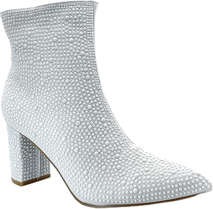 Women Rhinestone Block Chunky Heel Ankle Bootie Iceberg 12 By Forever shoes Ivory Size 8