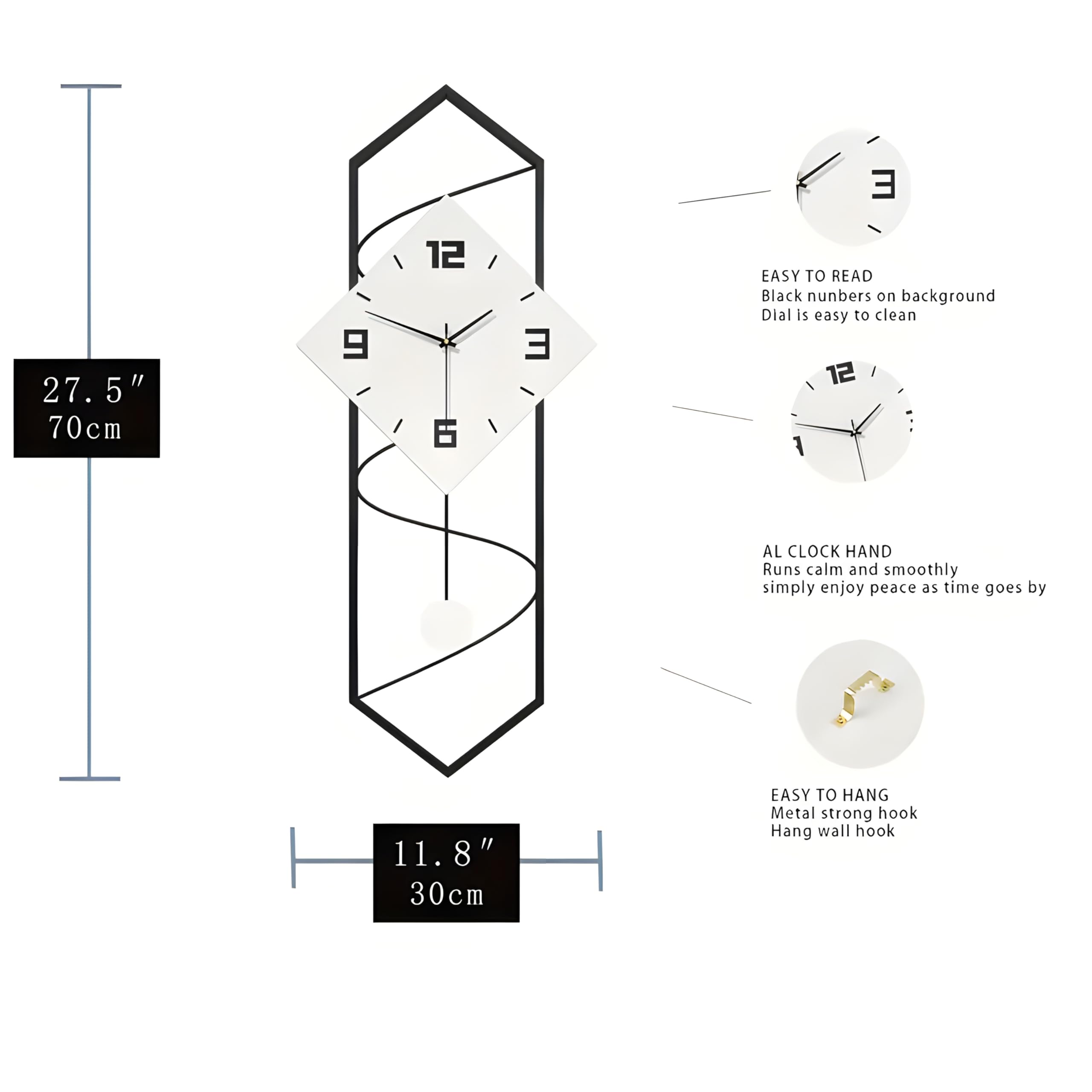 Reloj de pared grande con péndulo de 70 cm x 30 cm, color blanco y negro, diseño silencioso