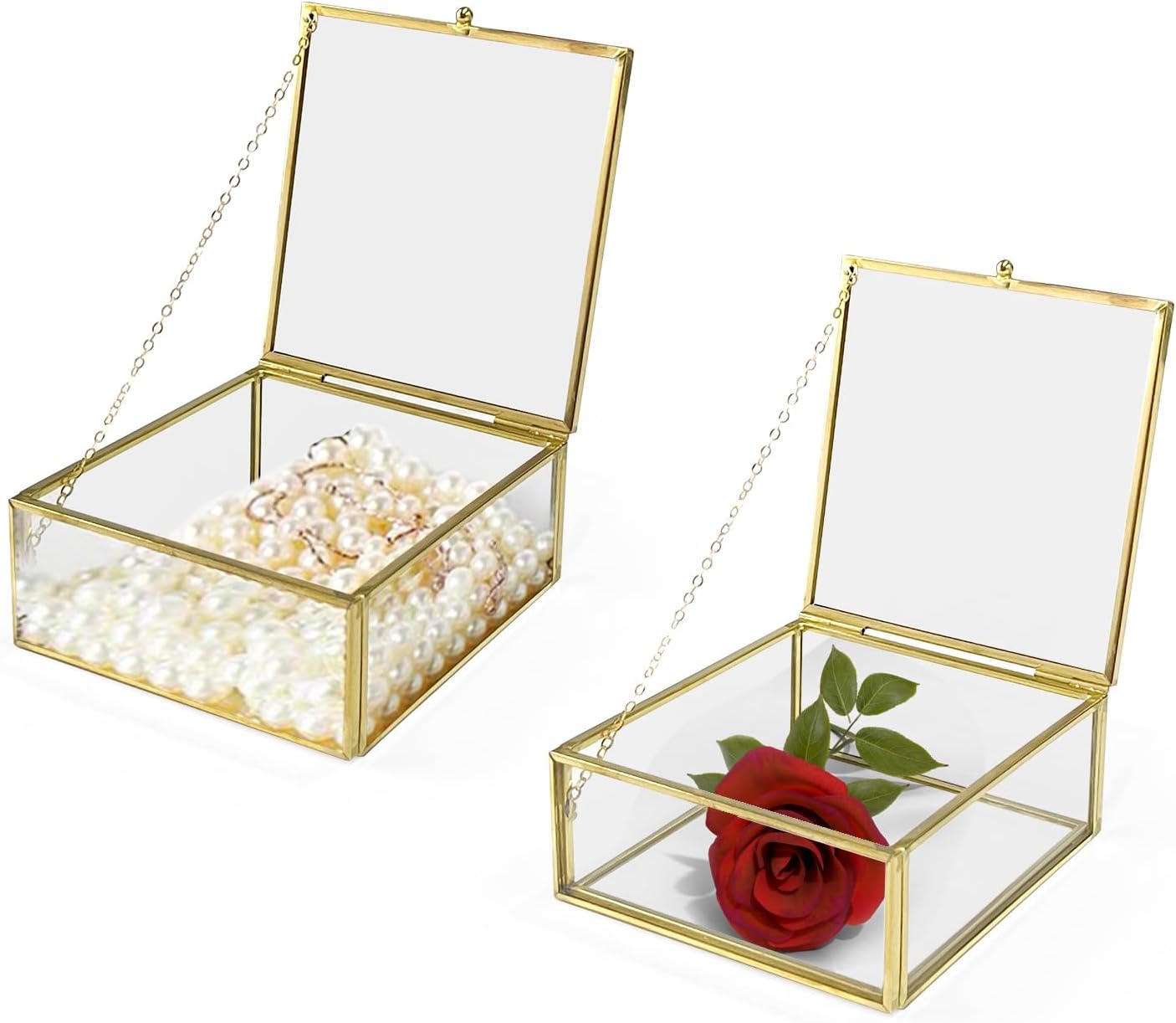 Gold Glass Jewelry Box, Vintage Glass Box with Lid and Chain Decorative Keepsake Box Trinket Box Card Box Jewelry Display Organizer for Weddings, Events, Birthday Party(M-9.84x6.69x1.77in)